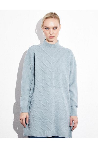 Kayra Exclusive Turtleneck Textured Knitwear Tunic Moss Green
