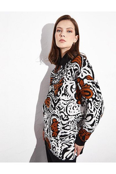 Kayra Black Floral Patterned Knitwear Tunic - Crew Neck