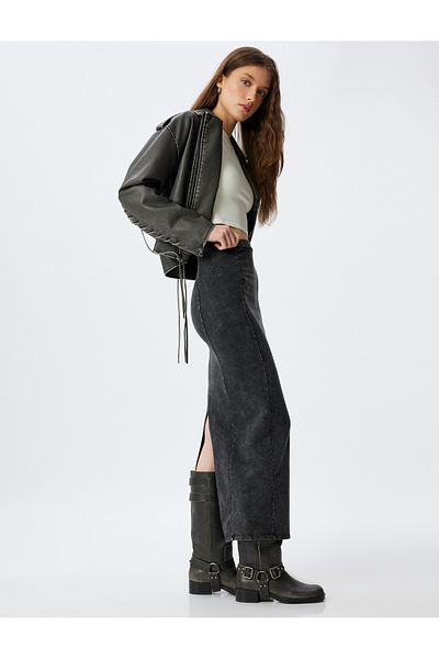 Koton Long Pencil Skirt High Waist Faded Effect Back Slit Slim Fit