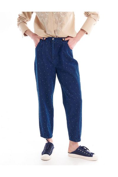 Kayra Navy Blue Jewelled Elastic Waist Trousers