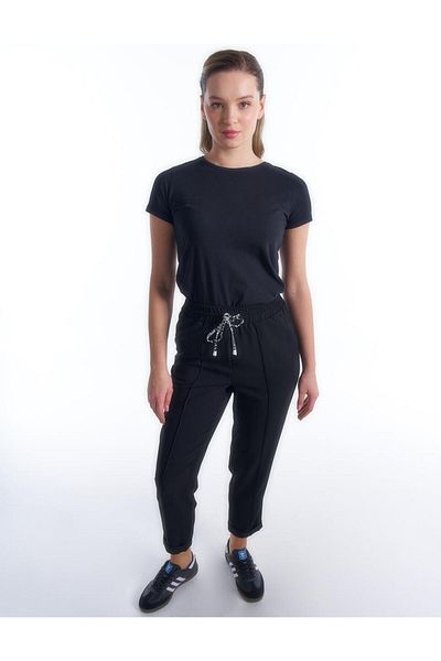 Kayra Black Lace-Up Elastic Waist Trousers