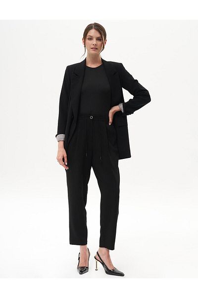 Kayra Black Carrot Pants - Elastic Waist and Pleated