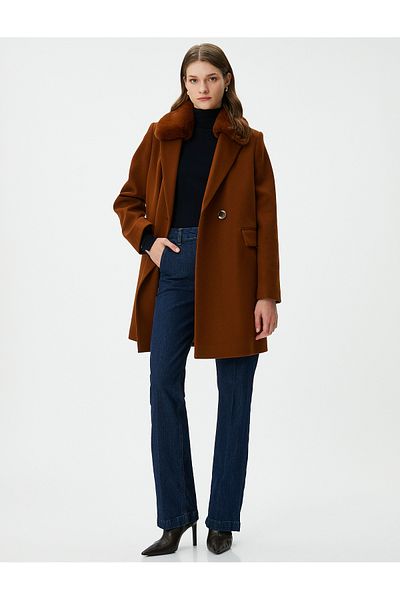 Koton Oversize Coat Double Breasted Buttoned Pockets Removable Faux Fur