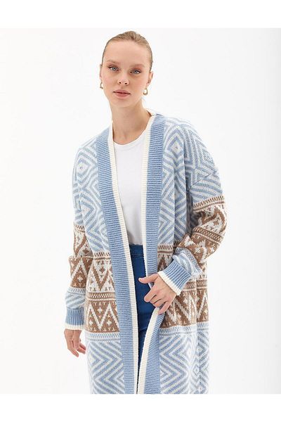 Kayra Exclusive Ethnic Patterned Knitwear Cardigan Blue