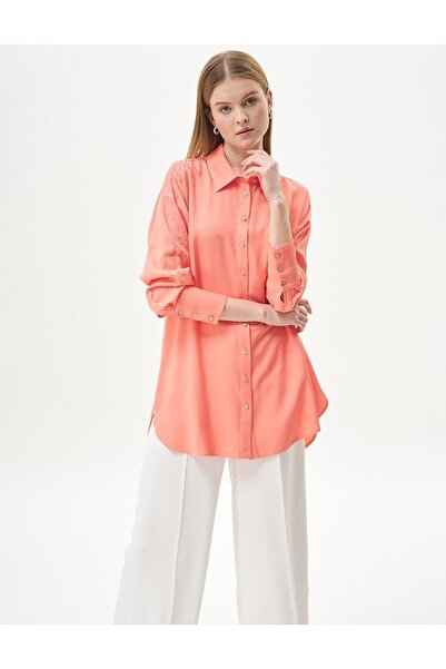 Kayra قميص تونيك ذو ياقة قميص مطبوع باللون الوردي Hotfix