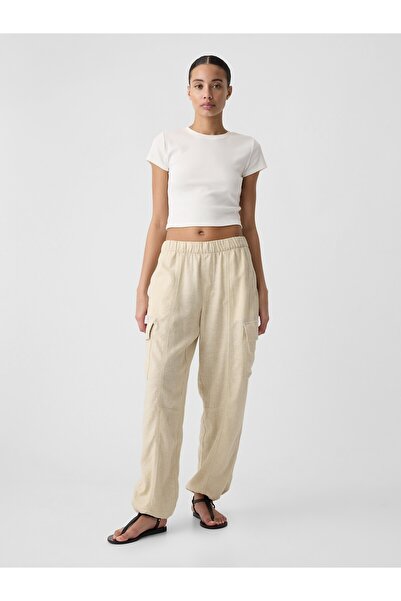 GAP Kadın Bej Keten Karışımlı Paraşüt Kargo Pantolon
