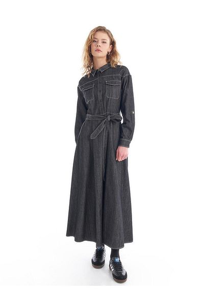 Kayra Rochie din denim neagră - buzunare duble și cusături contrastante