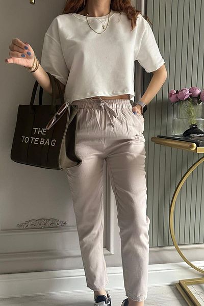 Fashion Friends Stone Colored Gabardine Linen Trousers
