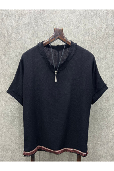 FıttingRoom Μπλουζάκι Bohemian Μαύρο Oversize Βαμβακερό λινό