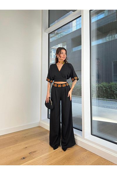 modaçelikler Double Breasted Collar Waist Belted Crop High Waist Pants Redania Women Black Linen Suit 23Y000478