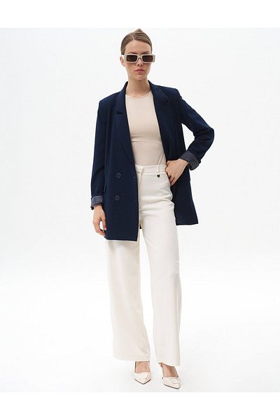 Kayra Μπουφάν Navy Blue Crepe Blazer - Με τσέπη με καπάκι