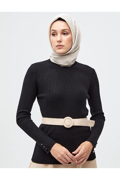 Kayra Black Corded Knitwear Blouse - Crew Neck
