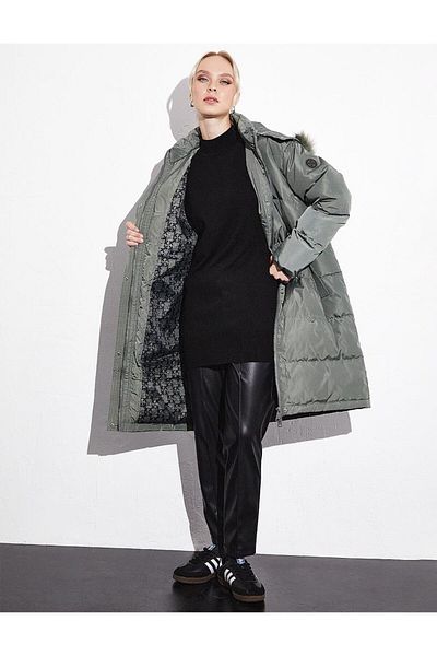 Kayra Quilted Stand Collar Hooded Fur Coat Mold Green