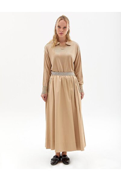 Kayra Sim Ribanalı Büzgülü Etek Bej