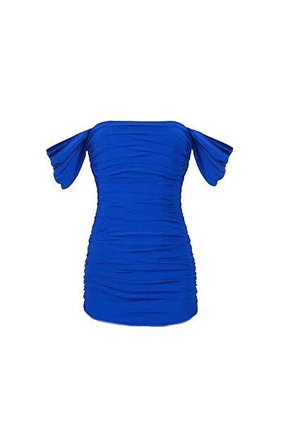 by sedat design Bss Mavi Kollu Mini Drapeli Abiye Elbise - Düğün, Nişan Ve Mezuniyet Için Şık Ve Tam Astarlı Tasarım