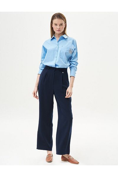 Kayra Navy Blue Basic Trousers - Pleated and Pocket Detail