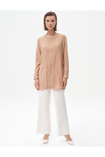 Kayra Beige Tunic - Null Collar and Ribbed Detail