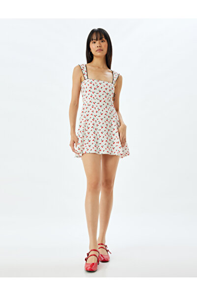 Koton Cherry Printed Mini Dress - Back Detail, Thick Straps, Square Collar