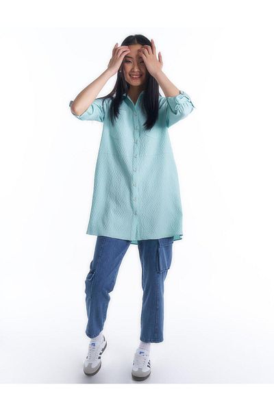 Kayra Nile Green Tunic - Shirt Collar and Pocket Detail