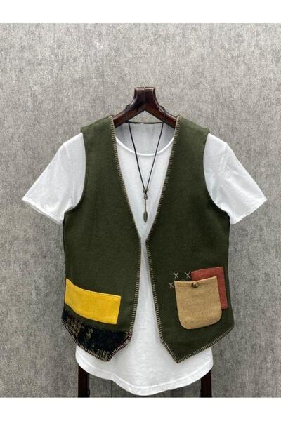 FıttingRoom Regular Bohem Haki Pamuklu Kaşe Yelek