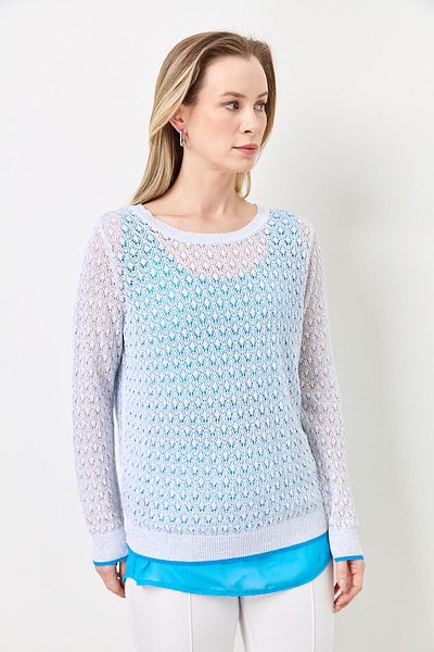 Two Mail Zipper Accessory Blouse Turquoise-Optic White