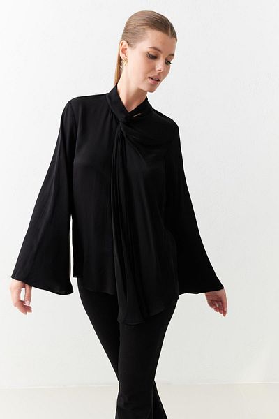 Setre Black Long Sleeve Blouse with Asymmetric Neck Detail