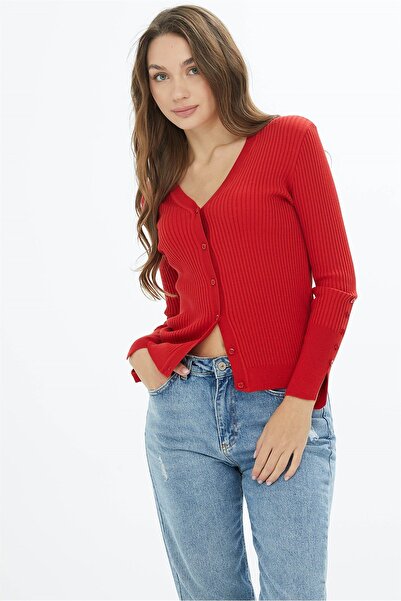 Two Mail Fitilli V Yaka Ceket Kırmızı