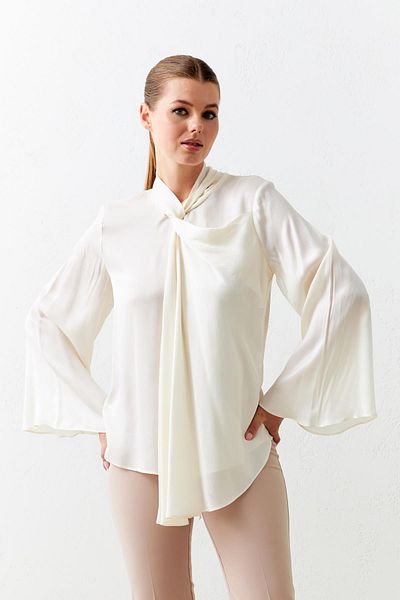 Setre Ecru Asymmetrical Neck Detailed Long Sleeve Blouse