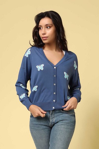 Two Mail Indigo Butterfly Patterned Cardigan