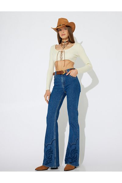 Koton New Season Koton X Zeynep Bastık - Long Sleeve U Neck Crop with Cross Lace Detail on the Front