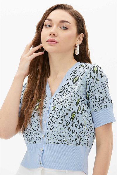 Two Mail Cardigan brodat cu paiete albastru gheata