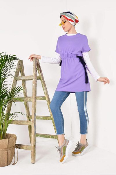 TRENDTESETTÜR Women's Purple (LILA) Elastic Waist Half Sleeve Tunic T 1810