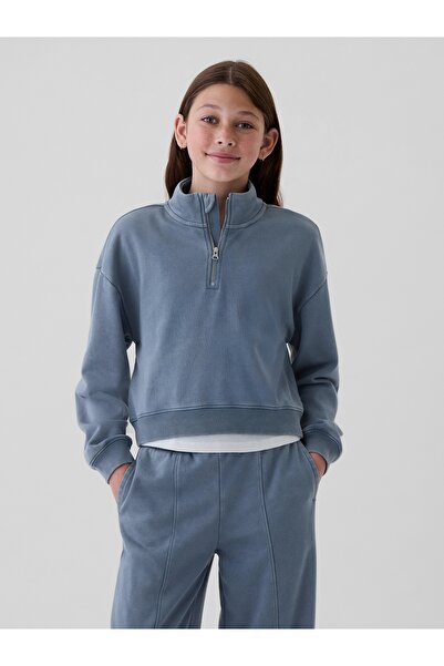 GAP Kız Çocuk Mavi Vintage Soft Yarım Fermuarlı Crop Pullover Sweatshirt