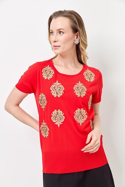 Two Mail Embroidered Knitwear Blouse RED