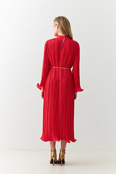 Setre Red Turtleneck Waist Belt Detailed Midi Length Wide Fit Dress