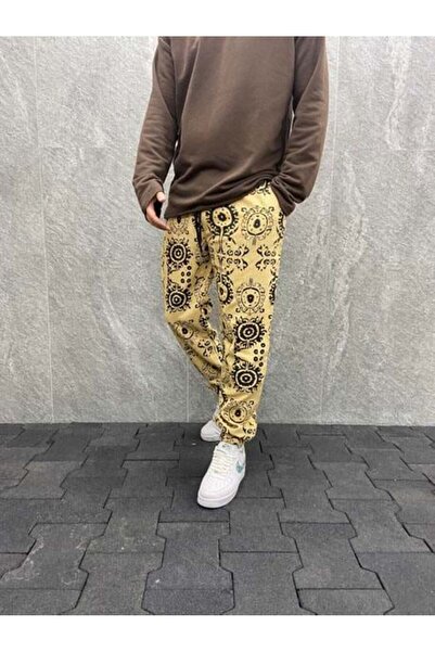 FıttingRoom Elastic Waist Aztec Patterned Cotton Winter Mustard Stitched Trou...