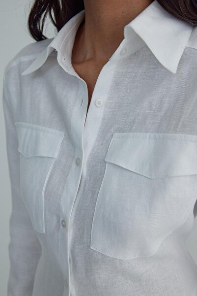 Suud Collection White 100% Linen Shirt with Oyster Waist Belt