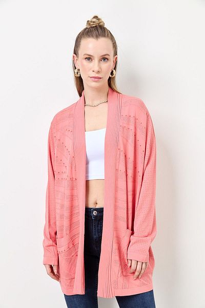 Two Mail Stacked Openwork Cardigan Coral