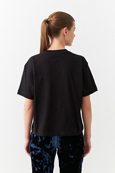 Setre Tricou negru din bumbac cu mânecă scurtă cu decolteu - Detaliu imprimat