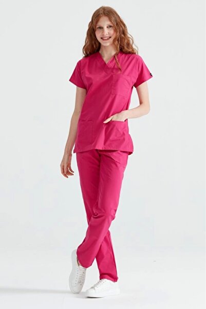 Moodamedikal Fuşya Tek Renkli Likralı Kumaş Cerrahi Takım V Yaka Forma