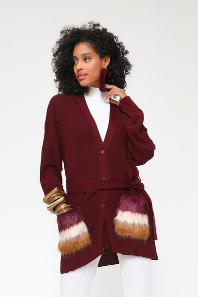 Two Mail Fur Pocket Cardigan Claret Red