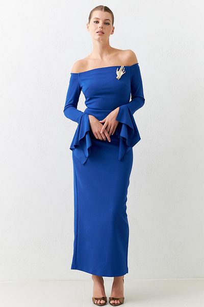 Setre Blue Full Fit Shoulder and Sleeve Detailed Maxi Length Dress