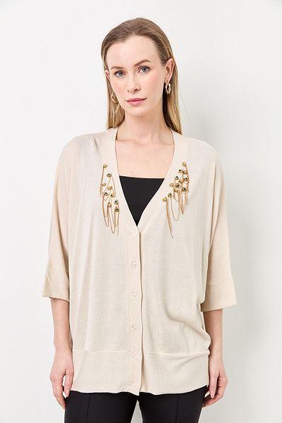 Two Mail Chain Embroidered Cardigan Linen