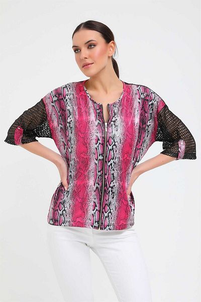 Two Mail Mesh Detailed Cardigan Fuchsia