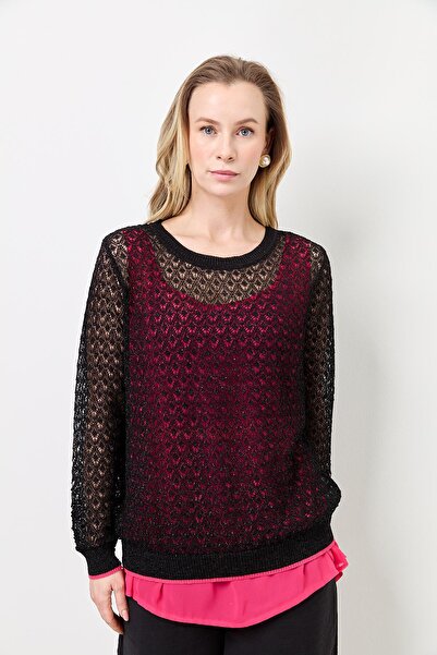 Two Mail Fermuar Aksesuarlı Bluz Fuşya-Siyah