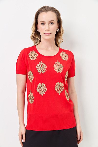 Two Mail Embroidered Knitwear Blouse RED
