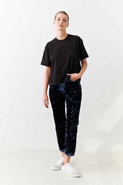 Setre Tricou negru din bumbac cu mânecă scurtă cu decolteu - Detaliu imprimat