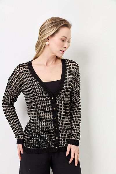 Two Mail V-Neck Cardigan BLACK-GOLD