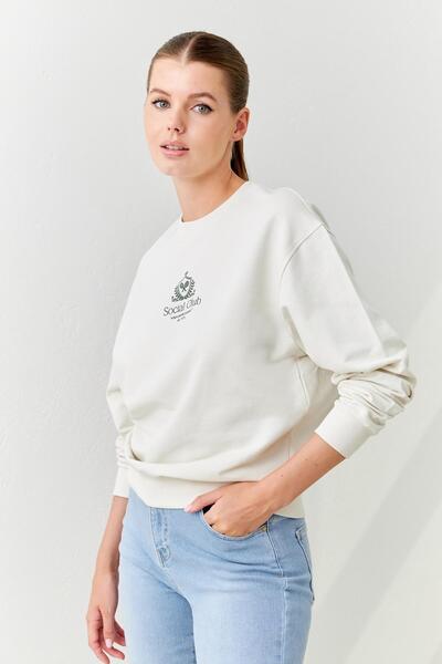 Setre Ecru Long Sleeve Crew Neck Cotton Sweatshirt