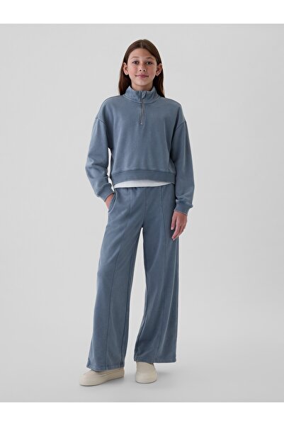 GAP Kız Çocuk Mavi Vintage Soft Yarım Fermuarlı Crop Pullover Sweatshirt